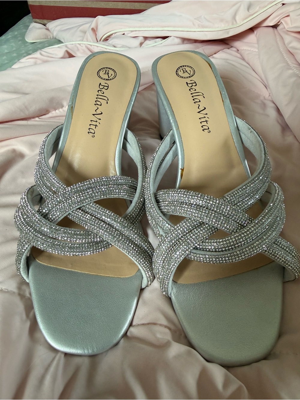 Bella Vita Silver Crystal-Knot Heeled Slides